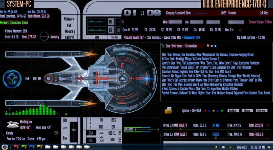 StarTrek_Legacy's tweet image. 🌟 Celebrate TREKMAS with a free stellar gift! 🎁 Our Star Trek: Legacy FB group Admin, @ThinkrEight, just dropped the sleek Enterprise 1701-G Rainmeter skin for your PC desktop. 🖥️ DL on Deviantart NOW🚀🎄 Please RT #StarTrek #TREKMAS #Rainmeter deviantart.com/thinkr8/art/US…