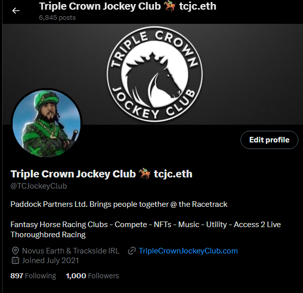 TCJockeyClub's tweet photo. 1K! In this @X Verse Thanks @granttforster for being # 1,000 if you are not following Grant T. Forster you should go follow him. Class 1st word that comes to mind. Let's get more Web3, Horse Racing &amp; Music to the track! How fast to 2K? We have NFTs to #giveaway #Web3Gang #TCJC https://t.co/5telDI1DEm