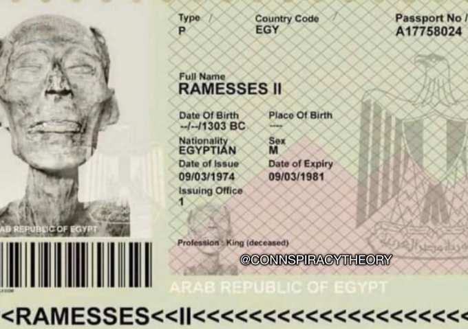 SimpleIncomeLab's tweet photo. @fasc1nate In 1974, the 3,000 year old mummy of Pharaoh Ramses II was issued a valid Egyptian passport so that he could be flown to Paris for repair. https://t.co/Yl50flCXA1