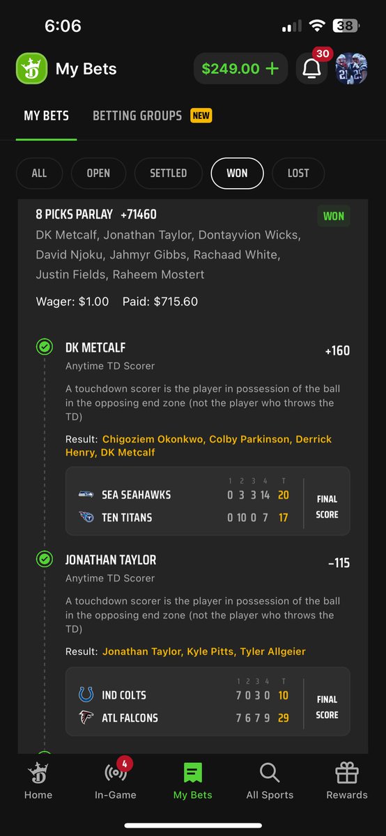 jetersix4three's tweet photo. $1 bet turned into $715.60!!! #draftkings https://t.co/npsZ6WRttD