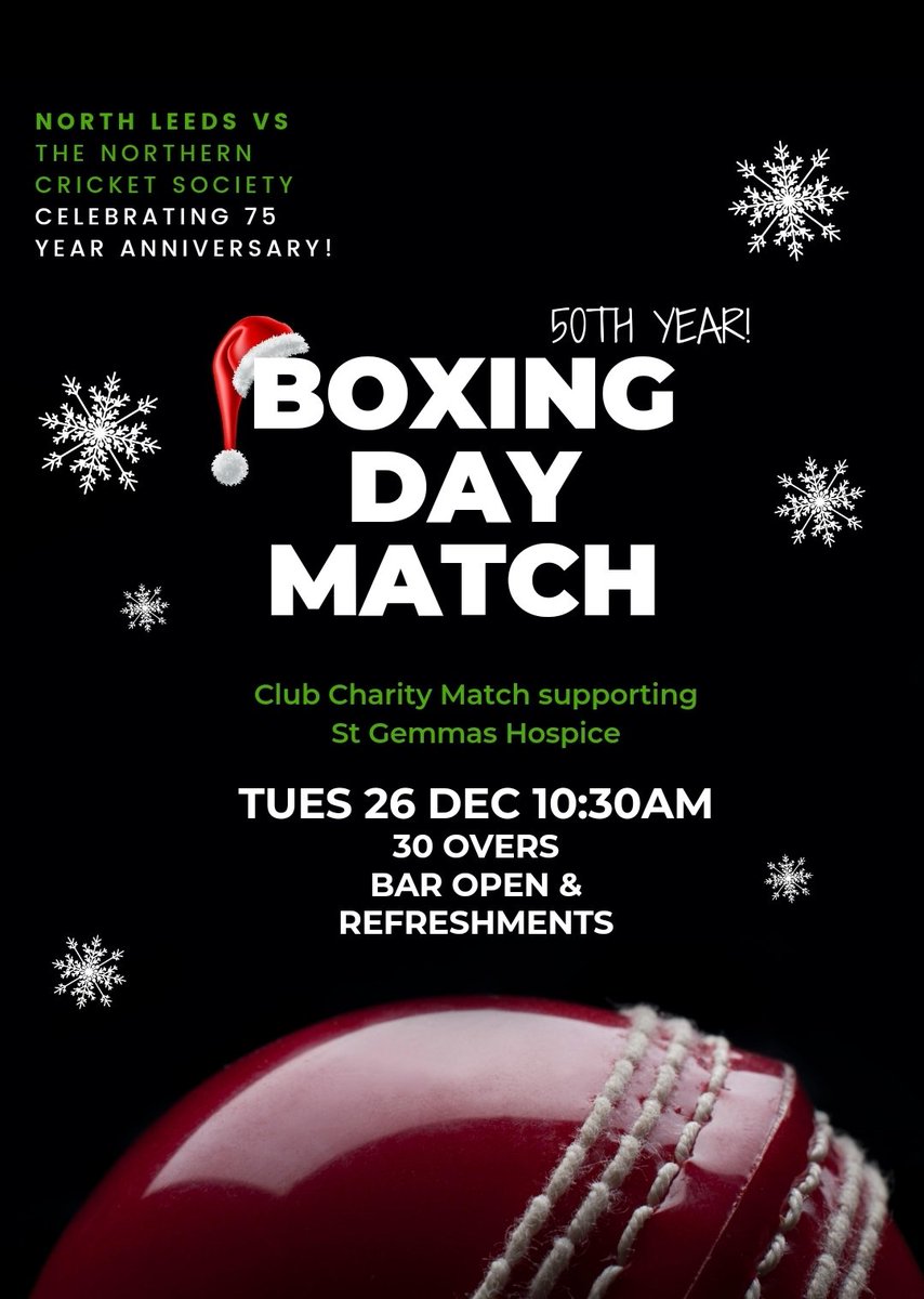 Airedale & Wharfedale Senior Cricket League (@awscl) on Twitter photo Looking for something to do on Boxing Day? Head to <a href="/NorthLeedsCC1/">NorthLeedsCC</a> to see then take on <a href="/CricketNorthern/">Northern Cricket Society</a> Looking for something to do on Boxing Day? Head to <a href="/NorthLeedsCC1/">NorthLeedsCC</a> to see then take on <a href="/CricketNorthern/">Northern Cricket Society</a>