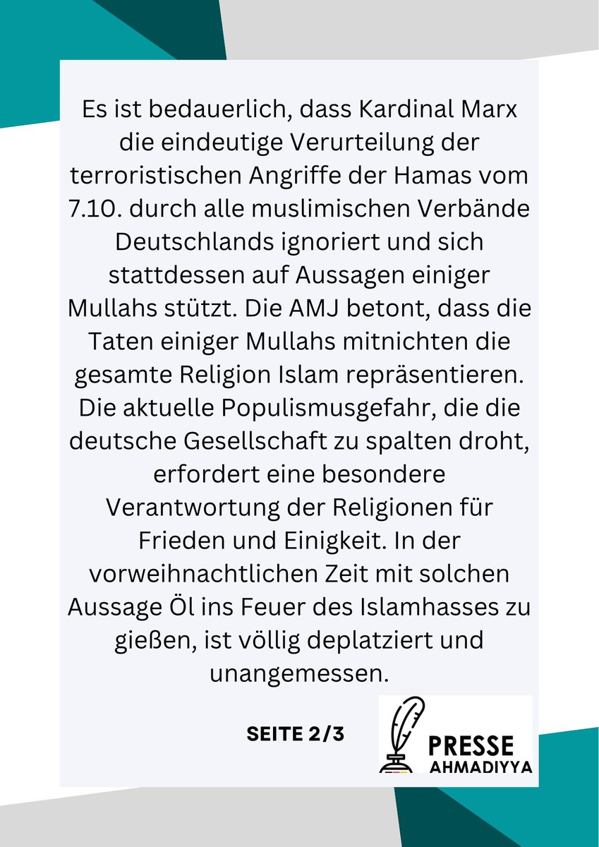 PresseAhmadiyya's tweet photo. Pressemitteilung:
Ahmadiyya Muslim Jamaat verurteilt die falschen Aussagen des Münchner Kardinals Marx aufs Schärfste! https://t.co/OSrhkG5JG3