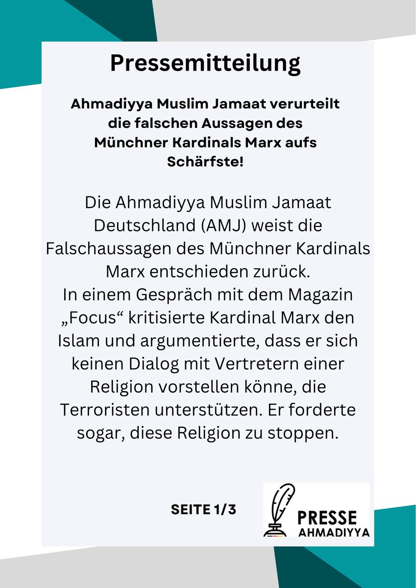PresseAhmadiyya's tweet photo. Pressemitteilung:
Ahmadiyya Muslim Jamaat verurteilt die falschen Aussagen des Münchner Kardinals Marx aufs Schärfste! https://t.co/OSrhkG5JG3