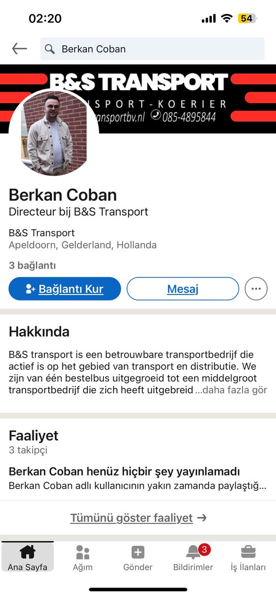 CarmenRakell's tweet photo. @Darkwebhaber @POL_DenHaag  @POL_RSC_DenHaag  @POL_RotterdamC  @POL_Apeldoorn 

The suspect lives in Apeldoorm. He attacked a person in traffic today in Turkey.  His name is Berkan Çoban. He is the owner of B&amp;s transport. He is dangerous pls take care with him but don’t send him back to Turkey https://t.co/LSXZYRFDXr