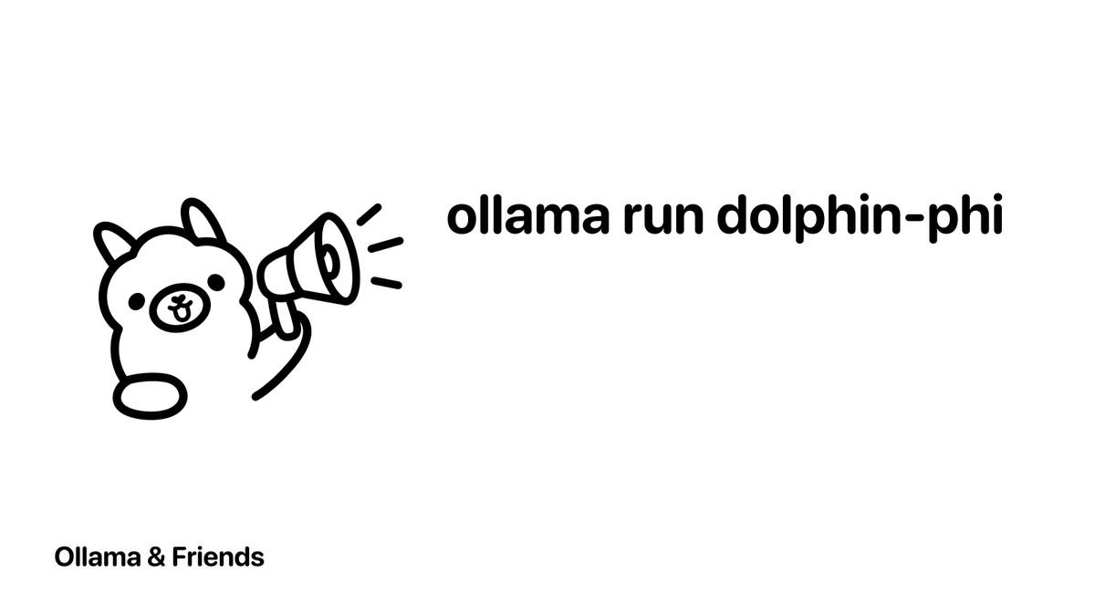 Ollama countdown continues... with a new model!! 

ollama run dolphin-phi

Meet a fine-tuned model by <a href="/erhartford/">Eric Hartford</a> - Dolphin Phi 2.6! It's an uncensored model based on the 2.7B Phi model by Microsoft Research. 

Learn more here: 
ollama.ai/library/dolphi…