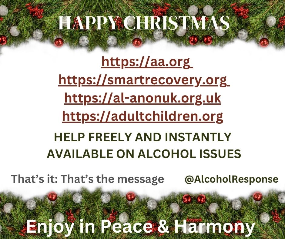 Sadly, there'll be many places with fear and anxiety at #Christmas thanks to #alcohol Make ourselves and others aware of help freely available online 24/7 if needed For victims of #ProblemDrinking direct or indirect, peer support organisations are invaluable #alcoholawareness