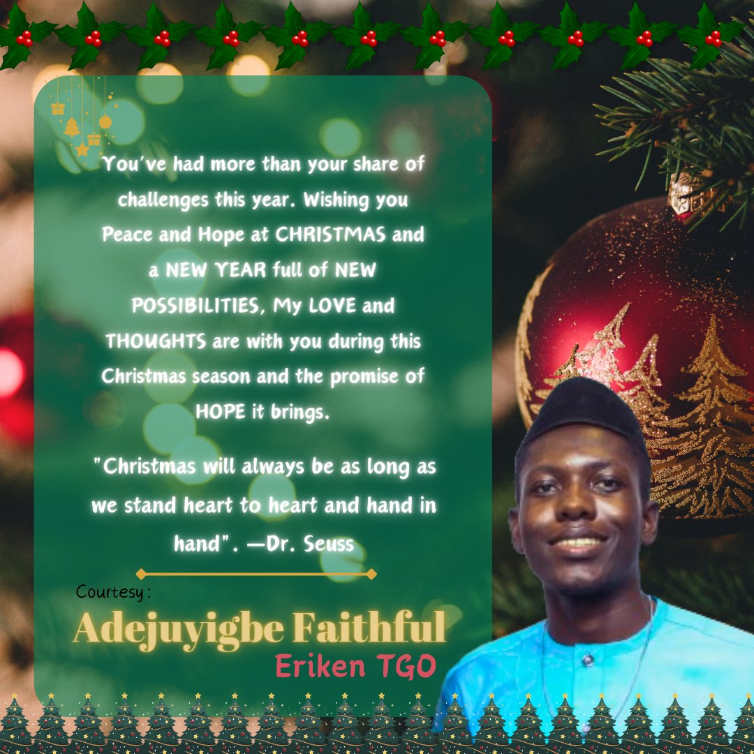 ErikenTGO's tweet photo. 🎅🏽 MAY THIS SEASON BRING YOU JOY, LOVE, PEACE AND HAPPINESS.
🎄MERRY CHRISTMAS AND A HAPPY NEW YEAR IN ADVANCE🎄 https://t.co/pMCdBo2KuF