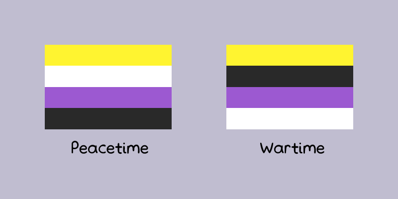 delatoid's tweet photo. I had a dream where there were 2 non-binary flags
The regular one was for peacetime, but when we went to war we would swap the white and black stripes https://t.co/hZj8mLda7m