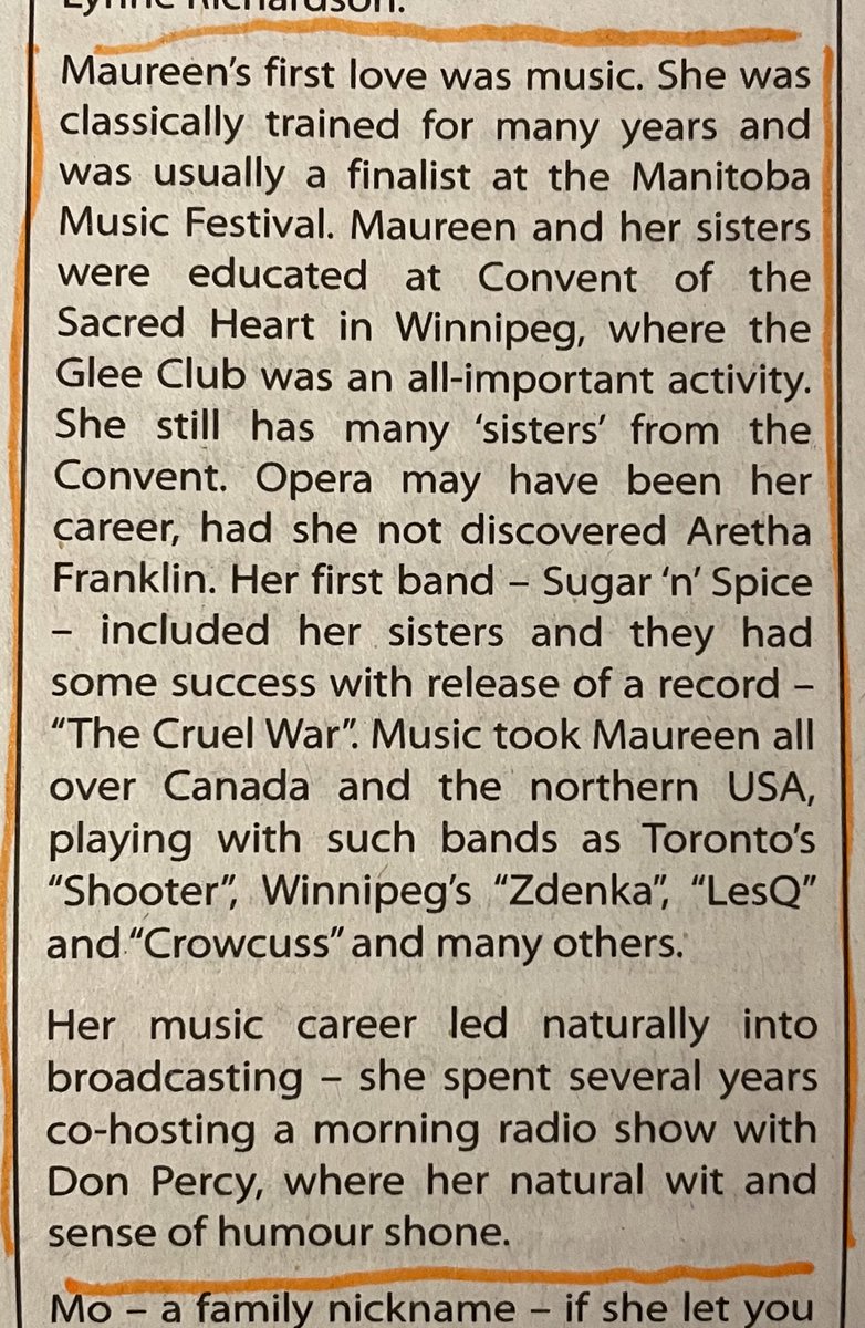 Maureen Murphy could have been an opera singer, but instead formed a band with her sisters - Sugar ‘n’ Spice. It had a hit with the song The Cruel War. She sang with other bands and later went into radio and had a show with Don Percy #RIP @WinnipegNews passages.winnipegfreepress.com/passage-detail…