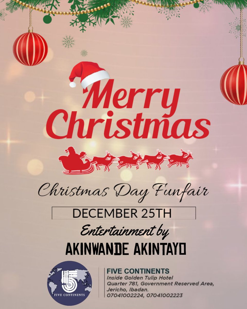 the5continents's tweet photo. It is Christmas. Join us for the Christmas Funfair. @the5continents.@GoldenIbadan create some Christmas memories.

Christmas is the season of joy, gift-giving, and families united.
#ibadan #Christmas #Christmaseve #music #family #food #friends #magic https://t.co/vICo7TiPH7