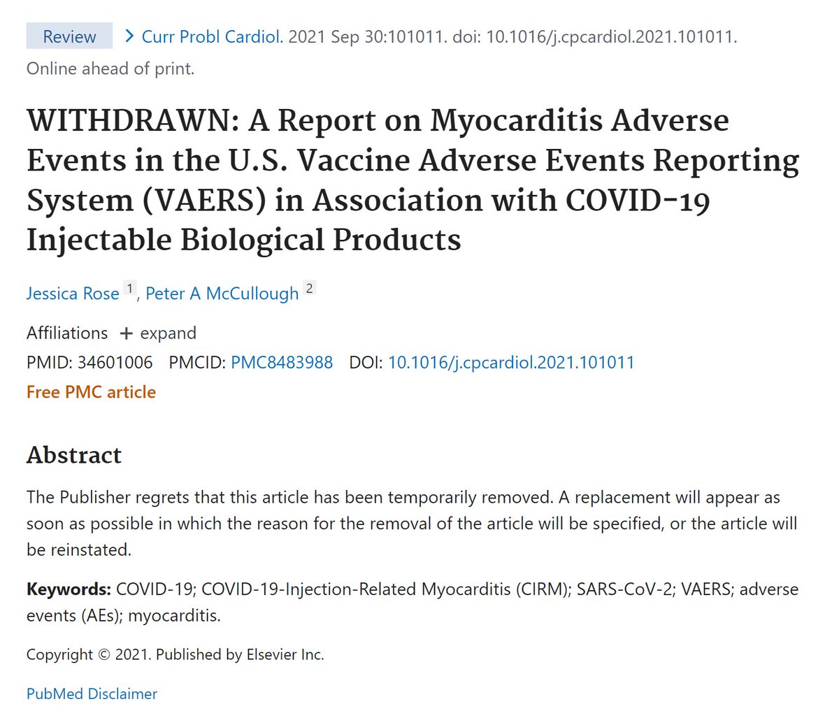 P_McCulloughMD's tweet image. This paper was retracted after full publication and copyright violating COPE's retraction guidelines. Pull by @ElsevierConnect 6 days before FDA VRBPAC pediatric meeting. Clear evidence the Bio-Pharmaceutical Complex is controlling the journals. #courageousdiscourse