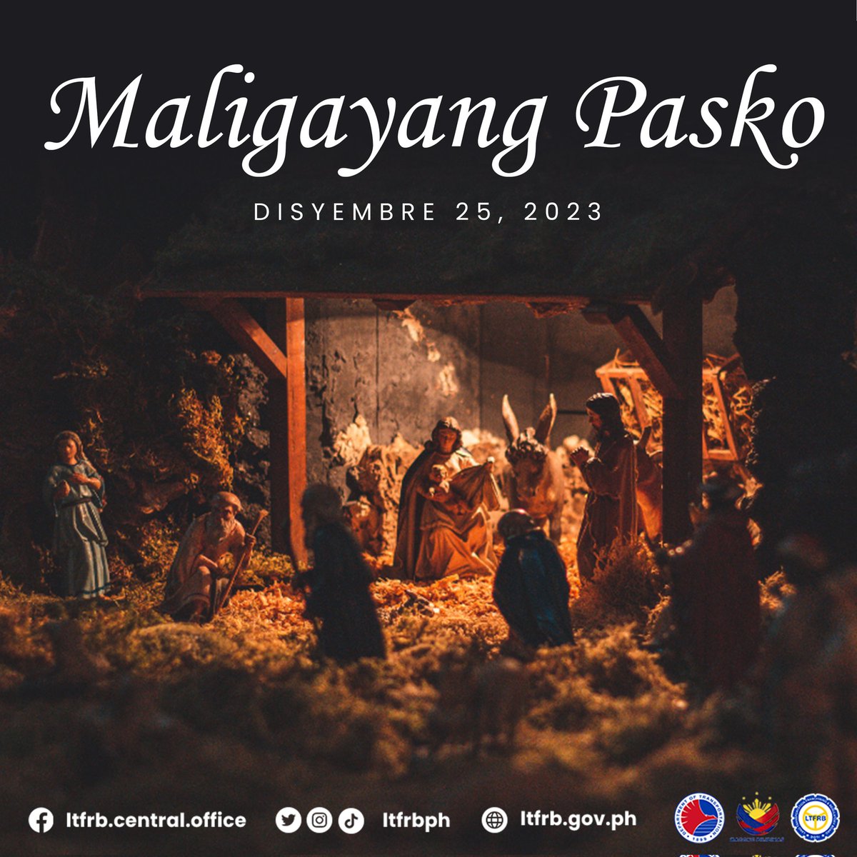 ltfrbph's tweet photo. 𝗠𝗔𝗟𝗜𝗚𝗔𝗬𝗔𝗡𝗚 𝗣𝗔𝗦𝗞𝗢!

Bumabati ang buong LTFRB ng isang maligaya at mapayapang Pasko sa mga Pilipino ngayong araw, ika-25 ng Disyembre 2023. 

Basahin: https://t.co/2pDbIvKeSh

#DOTrPH
#LTFRB
#ArangkadaLTFRB https://t.co/KSlv1InYPW