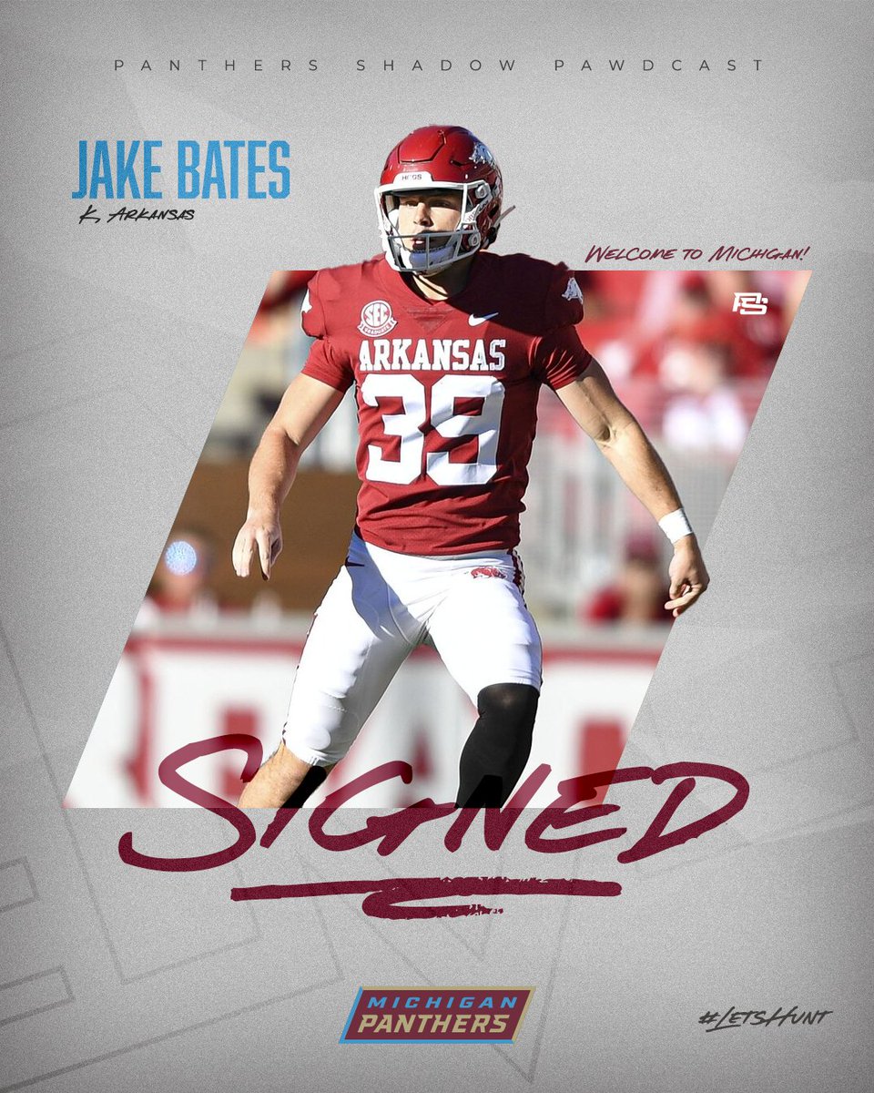 Panthers Shadow (@uflshadow) on Twitter photo The <a href="/USFLPanthers/">Michigan Panthers</a> are bringing in competition for the PK spot as they have signed former Texas State and Arkansas kicker, Jake Bates.
Undrafted this year, he spent time with the Bucs this year.
Welcome to Michigan, Jake!
#USFL LetsHunt The <a href="/USFLPanthers/">Michigan Panthers</a> are bringing in competition for the PK spot as they have signed former Texas State and Arkansas kicker, Jake Bates.
Undrafted this year, he spent time with the Bucs this year.
Welcome to Michigan, Jake!
#USFL LetsHunt