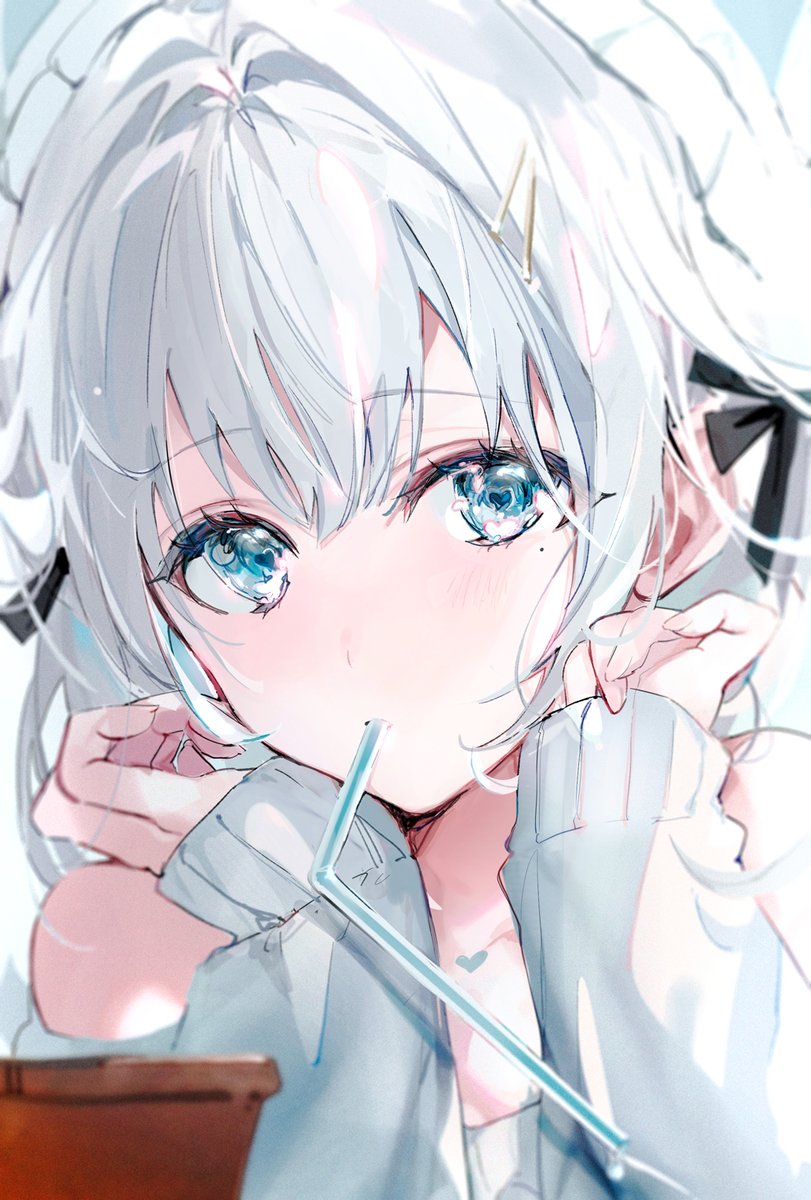 1girl solo drinking straw blue eyes looking at viewer white hair bangs  illustration images