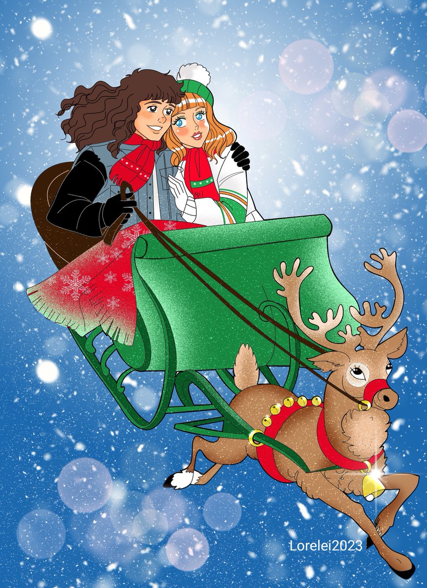 SoroushAzizi13's tweet photo. Commissioned by @Lorelei_2323. Eddie is taking Chrissy on a Christmas flight on Santa's sleigh. Don't worry, Eddie asked permission😜. Merry Christmas and Happy Holidays to all! #hellcheer #StrangerThings #chrissycunningham #eddiemunson #munningham #edissy #MerryChristmas https://t.co/CH9oyOOLHH