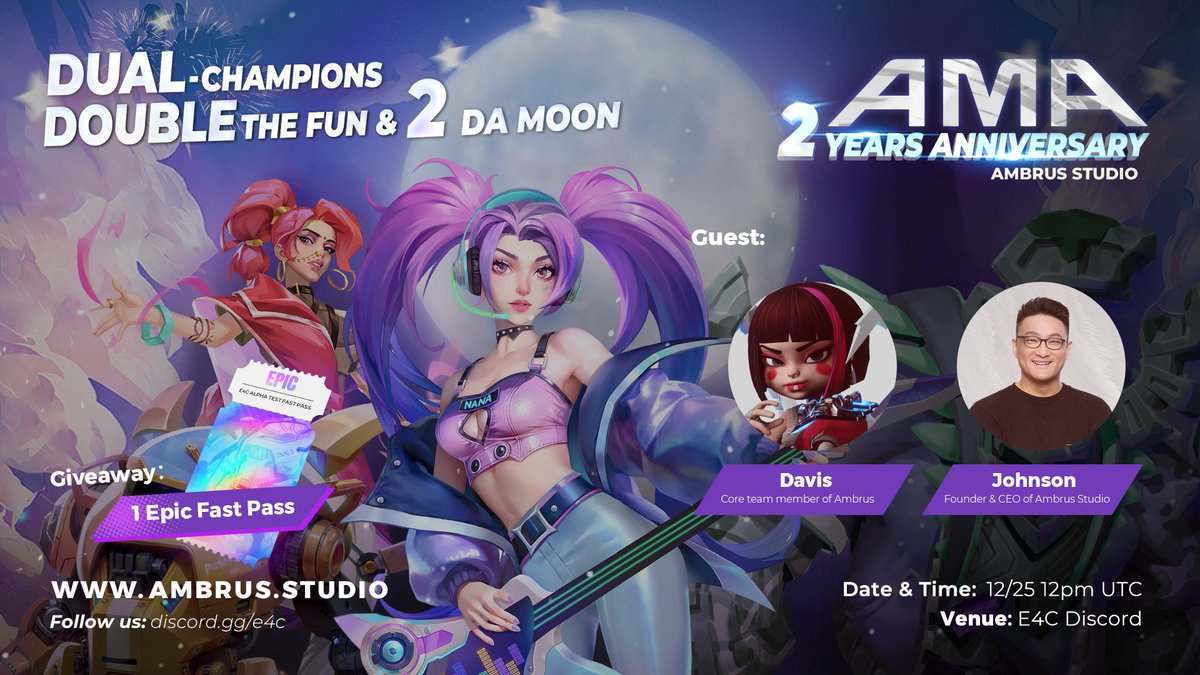 AmbrusStudio's tweet photo. 🎉 It's Ambrus Studio's 2nd anniversary! 🎉 We want to take this moment to express our heartfelt gratitude to our amazing community. Join us at 12 p.m. UTC today on Discord for a special #AMA with our CEO @Johnson_ambrus . Let's celebrate our milestone and Christmas together! 🥳🎄

🎁 Like & leave your any thoughts, 1 Epic Fast Pass will be randomly dropped to lucky winner.

👂Rumor has it that there will be exciting announcements and surprises. Don't miss out on the fun! Join us and be part of the excitement!👀
#E4C #AlphaTest #Airdrop