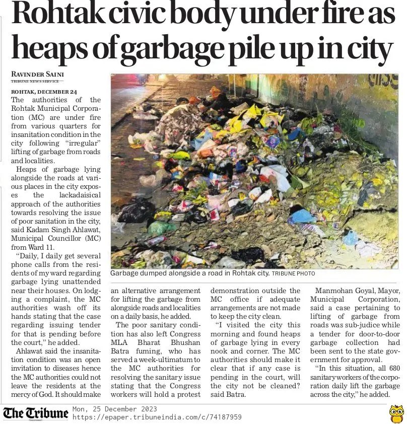 Rohtak civic body under fire as heaps of garbage pile up in city 
#InsanitationCondition #CivicBody #SanitaryWorkers #Rohtak #BBBatra #Haryana #TheTribune