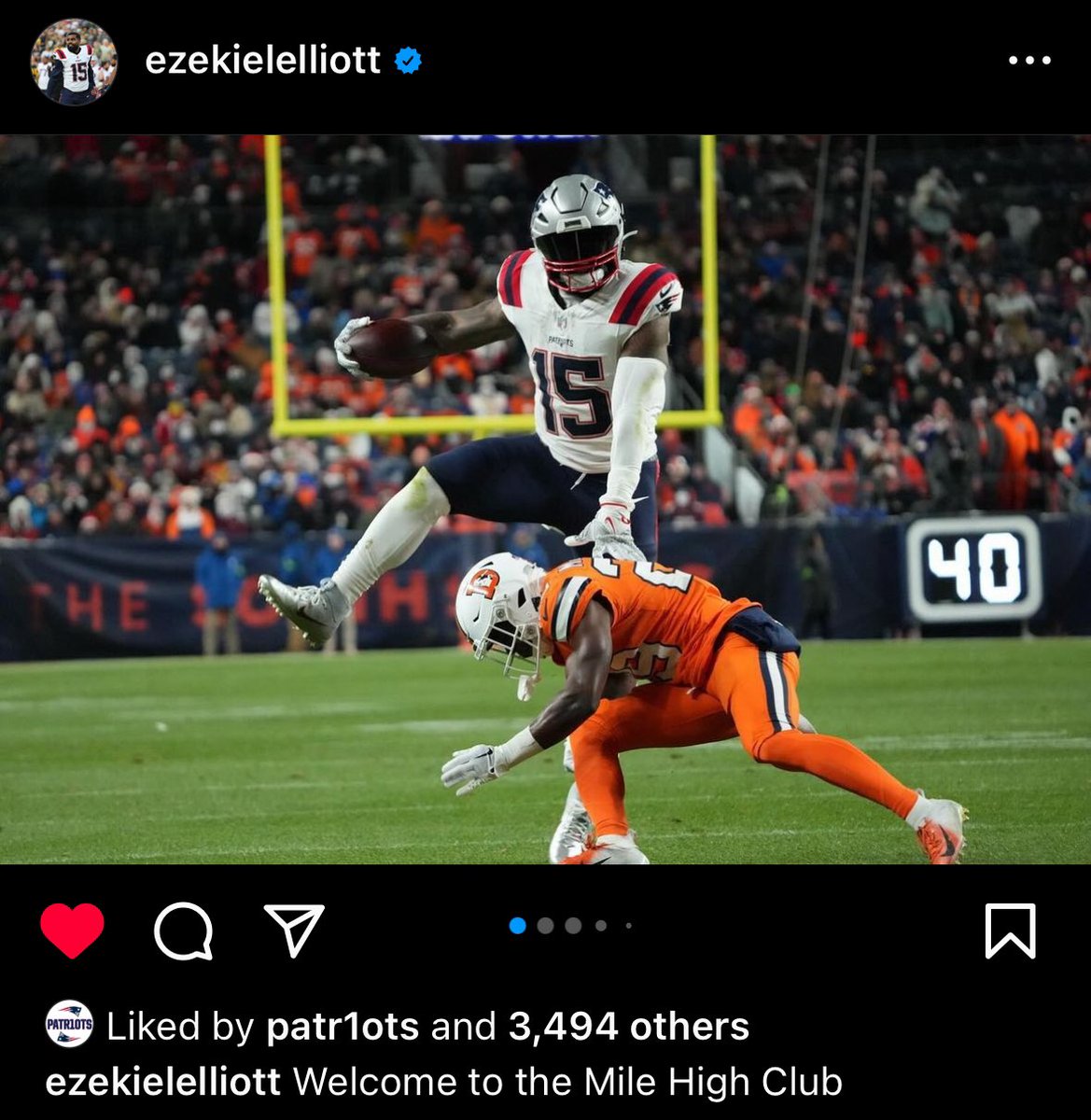 LosTalksPats's tweet photo. #Patriots RB Ezekiel Elliott via Instagram:

“Welcome to the Mile High Club”

New England picks up the W in Denver!

(via @EzekielElliott IG) https://t.co/Gif3hNb9Qh