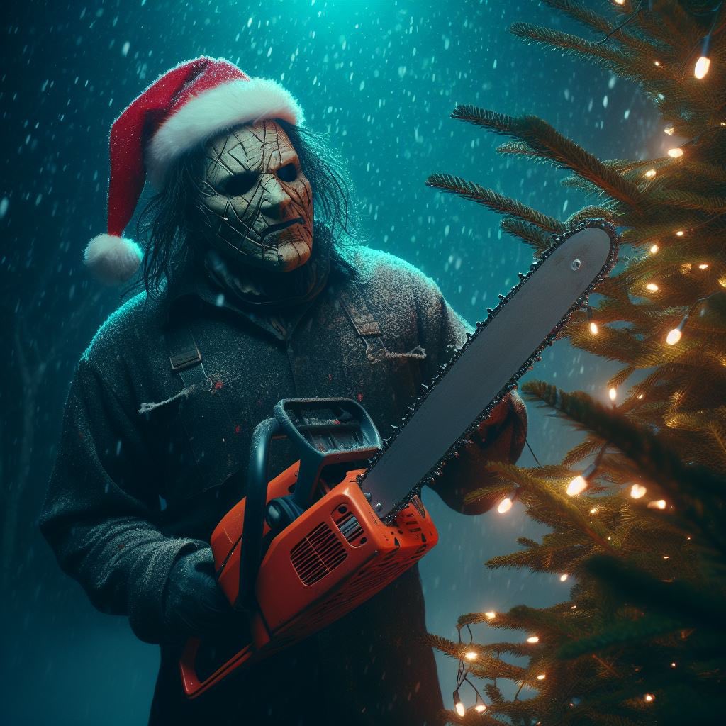 Reelninja1's tweet image. Scary Christmas all! 🎄🔪 #aiphotography #CodeCanvas #MachineMindArt #texaschainsawmassacre #horrormovies #Halloween #michaelmyers #leatherface #scarymovies #aiart #horrorart #scarychristmas #artificialintelligence #aiartwork #aiartist #nightmarebeforechristmas