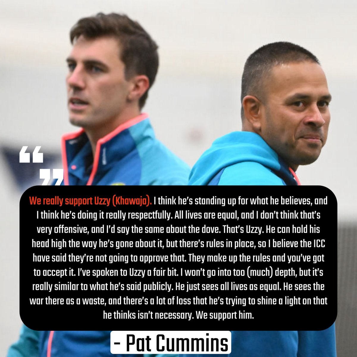 cricbuzz's tweet photo. Pat Cummins has come out in support of Usman Khawaja 👏👏 #PAKvsAUS https://t.co/7vM6CDSeuG