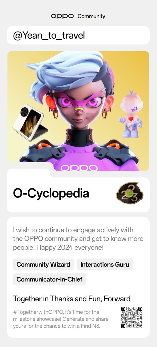 This is my 2023 together with OPPO! I love the avatar and badges awarded. 😍 

It is a memorable year as I got selected to be an OPPO Global Ambassador and an OPPO Tech Insider to visit the OPPO HQ.

#TogetherwithOPPO 
#OPPOCommunity