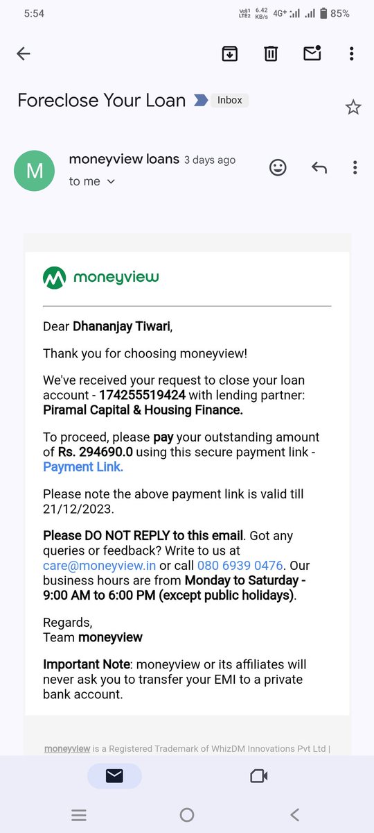 sdmswebsolution's tweet photo. @mymoneyview Hi, Dhananjay this side. I took a loan of 3 lakhs on 18/12/2023 and closed on 19/12/2023 due to high ROI. Payment is already done but it's not updated on your application. Tried contacting through email also but no response. Details regarding same is attached. https://t.co/gxScVevR5y