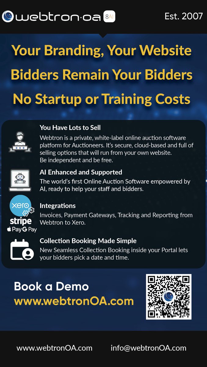 WebtronOA's tweet photo. Auction APIs for auctioneers https://t.co/nW1z9tYUZG #auctionAPIs #auctionsoftware #auctioneers #onlineauctions https://t.co/oI74P9QkeQ