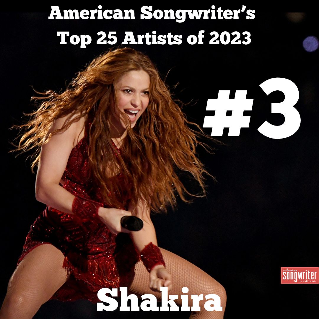 American Songwriter's Top 25 Artists of 2023 #3 - Shakira This year marked another achievement for Shakira. Many saw her on the MTV stages, shaking her famous hips and spreading her signature joy as she won the coveted 2023 Michael Jackson Video Vanguard Award.