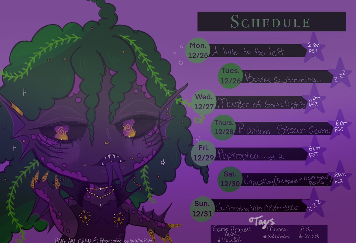 aldrovandastar's tweet photo. Omg look I remembered how to make a schedule!! 🛁
Lots of cozy games this week as we end out the year. Let’s set some goals and do our best!! ☝🏾🤓
art (rova) png cred: @ithelicorice
tags:
🎨 #rovart
🤡 #aldrohaha
🎬/❔ #RoQA (pretend i spelled it right in the schedule) https://t.co/NF1JqEA81h
