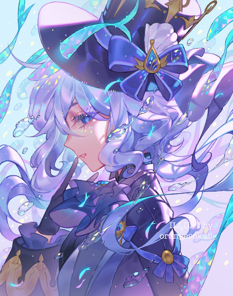 furina (genshin impact) hat solo gloves blue eyes looking at viewer black gloves witch hat  illustration images