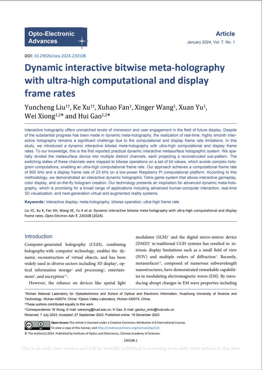 OptoElectronAdv's tweet photo. #OEA_highlight Dyna
mic interactive bitwise meta-holography with ultra-high computational and display frame rates https://t.co/JB4rgkCYZn by Prof. #WeiXiong and #HuiGao from @HuazhongUST #Dynamic #Interactive #Metasurfaces #Holography #MetaHolography #UltraHigh #FrameRate https://t.co/h5cCwqKdMW