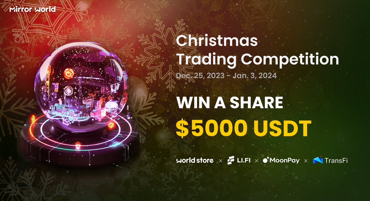 SonicSVM's tweet photo. (1/5)
We are hosting a Christmas Trading Competition to celebrate the launch of #WorldStore 🔔 World Store is the fastest and easiest way to buy any token or NFT on any chain.

Win a share of 5,000 USDT by trading on https://t.co/oeovhm63af https://t.co/qiVcZbritw