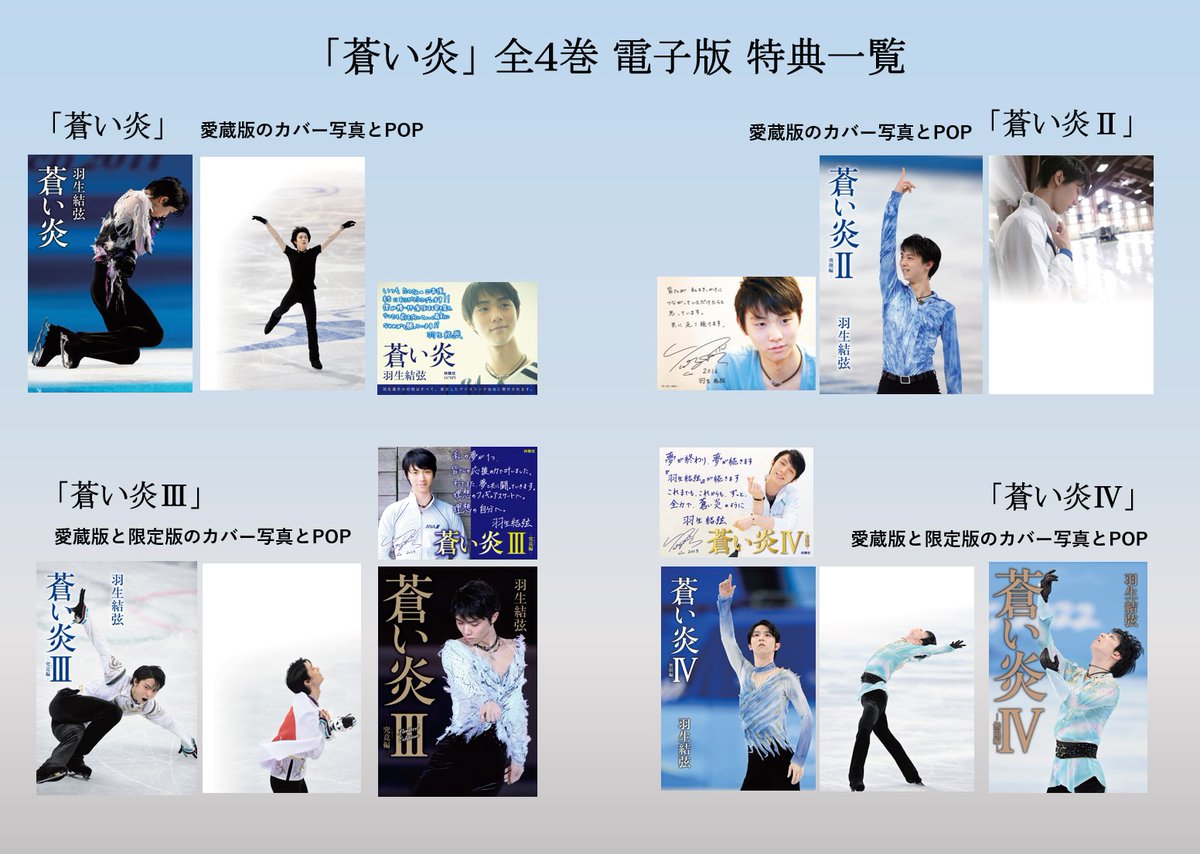 fskating_Life's tweet photo. 【『蒼い炎』📘電子版発売!】
#羽生結弦 さんの自叙伝 #蒼い炎 全4巻が電子化されました。本日12/25より各電子書店で購入可能です。
電子版の特典として、こちらの画像がそれぞれに特別収録されます。 https://t.co/1KQI8xyiY6