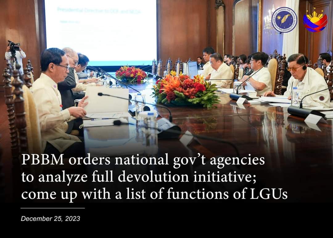 PBBM has ordered National Government Agencies (NGAs) to conduct an analysis on the operationalization of the full devolution initiative and come up with the list of functions that should be devolved to the Local Government Units (LGUs). 

Read more: pco.gov.ph/PBBM-orders-na…