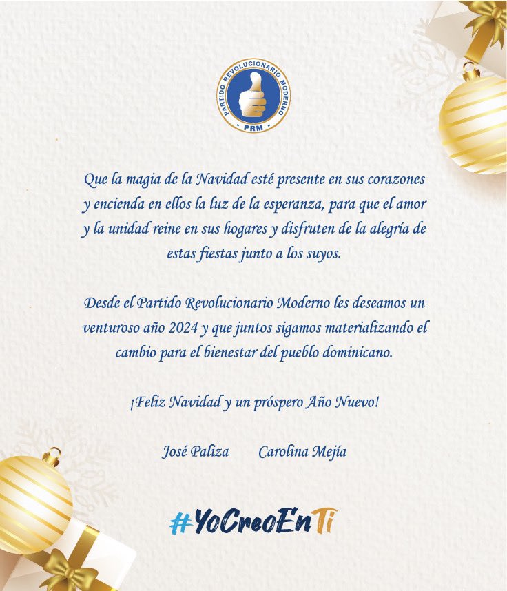 prmvilla's tweet photo. ¡Desde el PRM les deseamos una feliz navidad y un venturoso año 2024! 

#YoCreoEnTi #YoCreoEnElPRM https://t.co/Q6fZdqfmN6