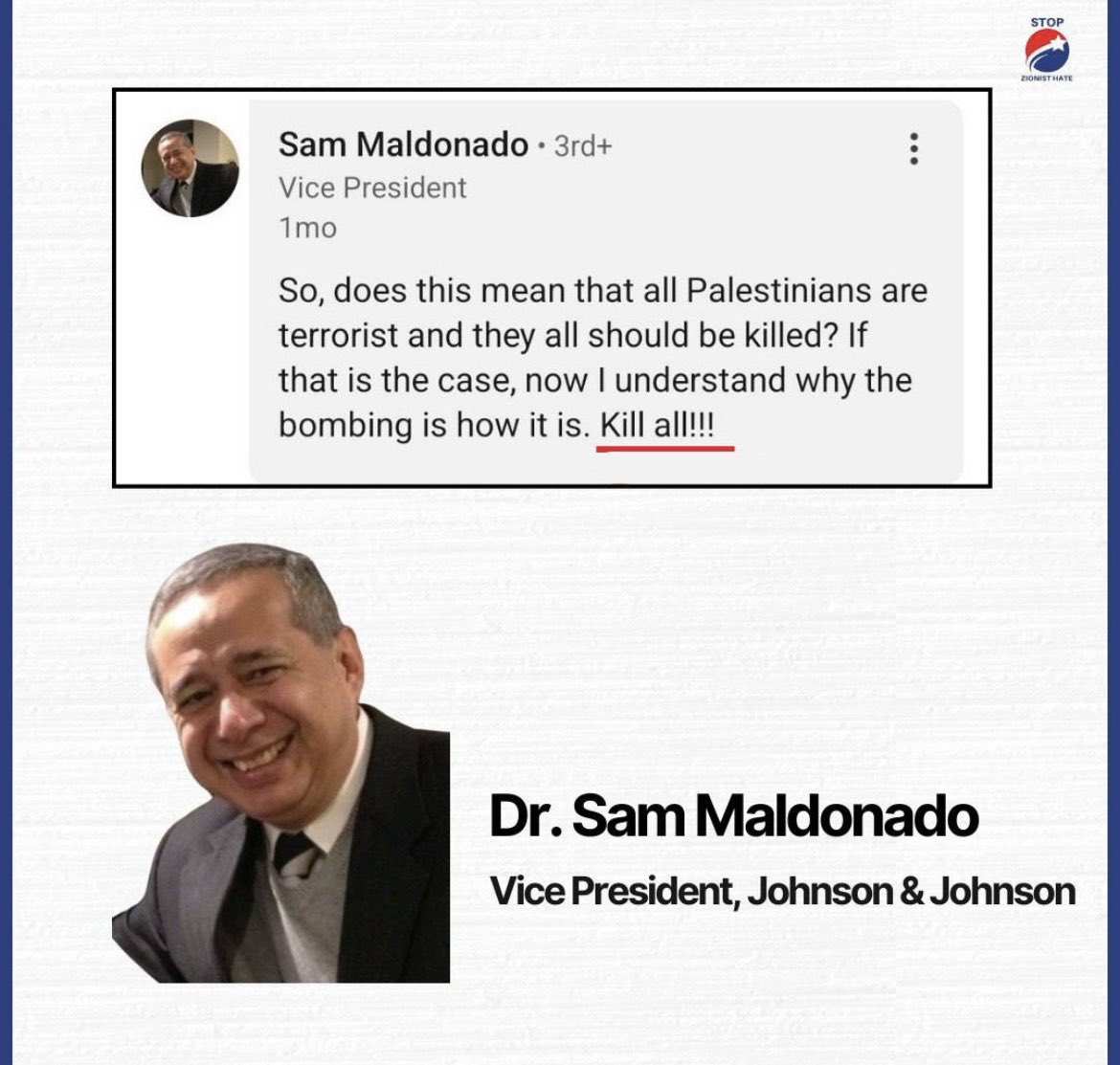 jakeshieldsajj's tweet photo. The vice president is Johnson and Johnson calls for the complete genocide of Palestinians 

It’s interesting how open and comfortably so many are at calling for genocide https://t.co/pZ7RA4FQ4a