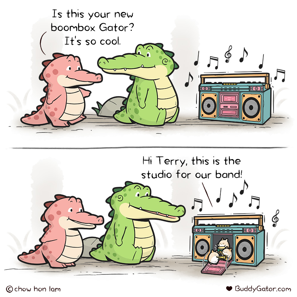 Boombox • Story and illustration by Chow Hon Lam.

#BuddyGator #positivevibes #heartwarming #Comics #漫畫 #aww #挿し絵 #Alligator #cute #Gator #comic #animals #Boombox #music