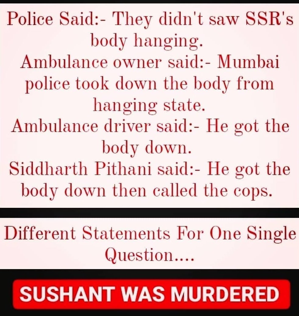 Rajshre73441992's tweet photo. Pithani couldn't click a single pic of the hanging body?
Why?
Probably the body was never found in hanging position.
It's all narratives to whitewash a murder as suicide.

Hurry InCalling SSRCs Suicide https://t.co/te4jkNnIz2