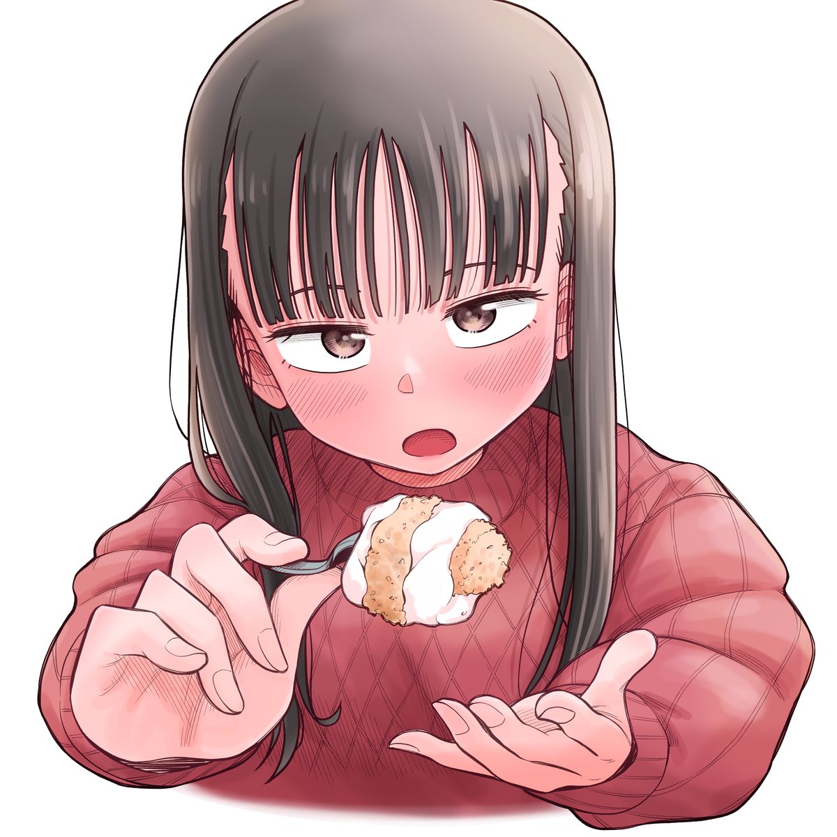 1girl solo red sweater food white background sweater brown eyes  illustration images