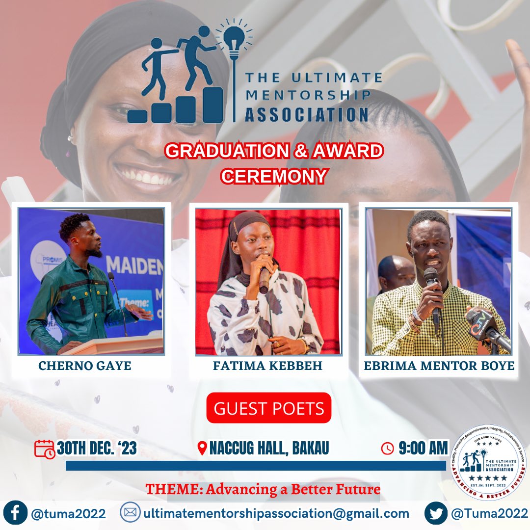 MEET OUR GUEST POETS 

We are thrilled to announce the Guest Poets of our Graduation and Awards Ceremony. 

Join us celebrate the massive accomplishment of our mentees who have completed a year-long mentorship program. 

#TumaToTheWorld 
 #celebratingsuccess