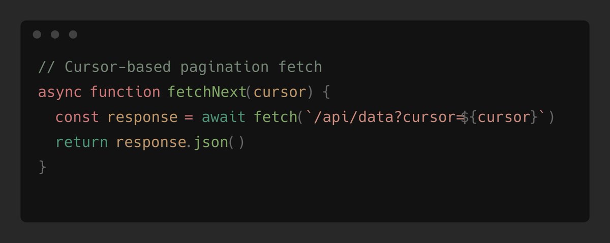 thesleebit's tweet image. 6/6 Advanced tip: Adopt cursor-based pagination if your data changes often.

 It provides a stable way to paginate through dynamic datasets by using pointers.

#AdvancedCoding #APITips