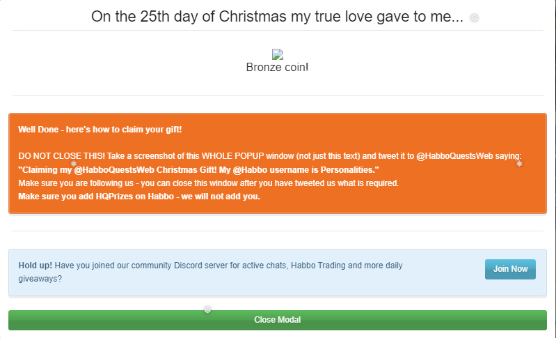HabTracy's tweet photo. Claiming my @HabboQuestsWeb Christmas Gift! My @Habbo username is Personalities. https://t.co/qpLBki7g0b