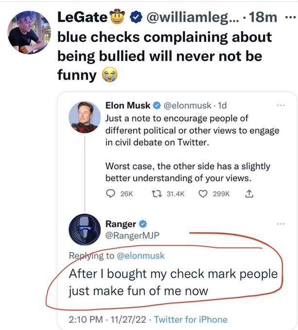 The_Kinky_Cook's tweet photo. @Doobiedrip Oh, did buying a Blue Checkmark not pay off? 
Yeah, turns out you need to be interesting or talented to get paid. https://t.co/cEtkaKLNUx