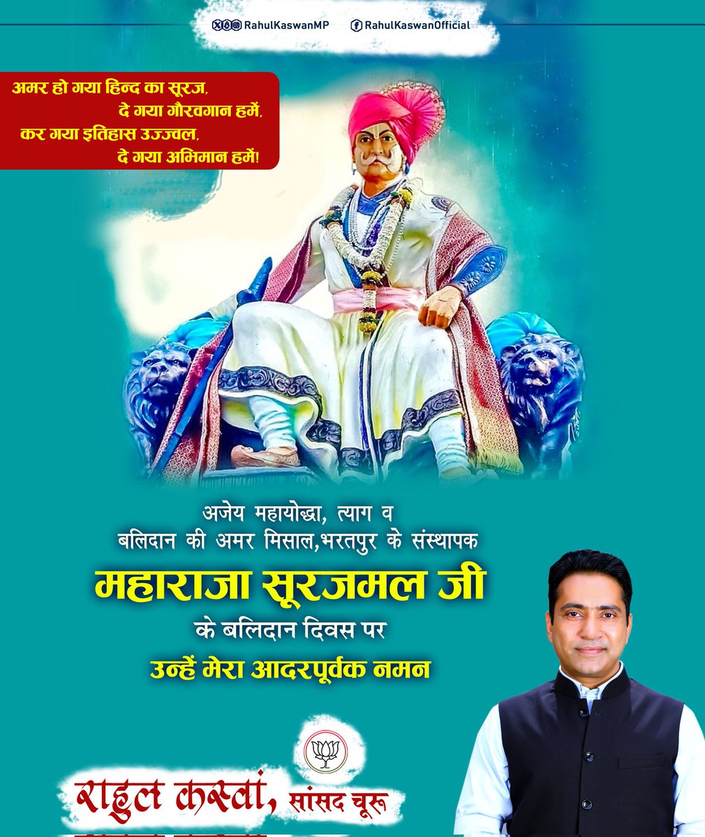 अमर हो गया हिन्द का सूरज, दे गया गौरवगान हमें,
कर गया इतिहास उज्ज़्वल, दे गया अभिमान हमें!

अजेय महायोद्धा, त्याग व बलिदान की अमर मिसाल, भरतपुर के संस्थापक महाराजा सूरजमल जी के बलिदान दिवस पर उन्हें मेरा आदरपूर्वक नमन!

#MaharajaSurajmal 
#महाराजा_सूरजमल_बलिदान_दिवस