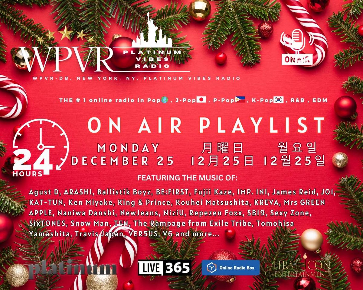 WPVR NYC - Platinum Vibes Radio (@platinumvibes8) on Twitter photo Happy Holidays Platinum World! This is the WPVR NYC 24-hour playlist for Monday, December 25. Thank you as always for listening! / PVRใฏใผใซใใฎ็ใใ๏ผ12ๆ25 (็ซๆๆฅ๏ผใฎWPVR NYC 24ๆ้ใใฌใคใชในใใงใใใใคใใ่ดใใใใ ใใใใใจใใใใใพใ๏ผ/ 12์ 25์ผ (ํ์์ผ) WPVR NYC Happy Holidays Platinum World! This is the WPVR NYC 24-hour playlist for Monday, December 25. Thank you as always for listening! / PVRใฏใผใซใใฎ็ใใ๏ผ12ๆ25 (็ซๆๆฅ๏ผใฎWPVR NYC 24ๆ้ใใฌใคใชในใใงใใใใคใใ่ดใใใใ ใใใใใจใใใใใพใ๏ผ/ 12์ 25์ผ (ํ์์ผ) WPVR NYC