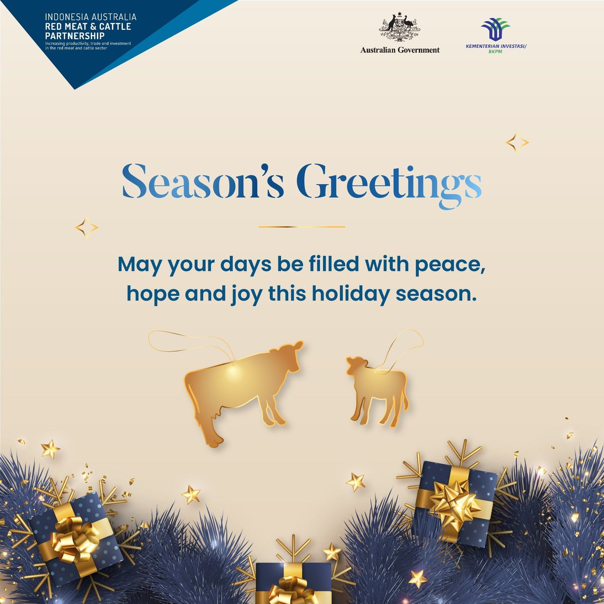 Season’s Greetings to you all #FellowCattlePeople. We wish you all a joyous holiday season and continued peace, progress and prosperity in the new year.

#InvestinMeat #RedMeatCattle #iaredmeatcattle #redmeatcattlepartnership #australiaindonesia #foodsecurity  #christmas2023