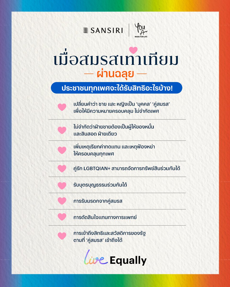 ผ่านฉลุย! วาระแรก🥳จุดเริ่มต้นของการเปลี่ยนแปลง สู่การเปิดประตูอีกขั้นเพื่อความเท่าเทียมสำหรับทุกคน🌈

วันนี้เราได้รวบรวมสิทธิที่ประชาชนทุกเพศ จะได้รับเมื่อ #สมรสเท่าเทียม มาฝากทุกคน เพื่อที่เราทุกคนได้มีโอกาสใช้ชีวิตที่ฝันไว้อย่างเท่าเทียมกันนะคะ🤍#HowYouLiveMatters #LiveEqually