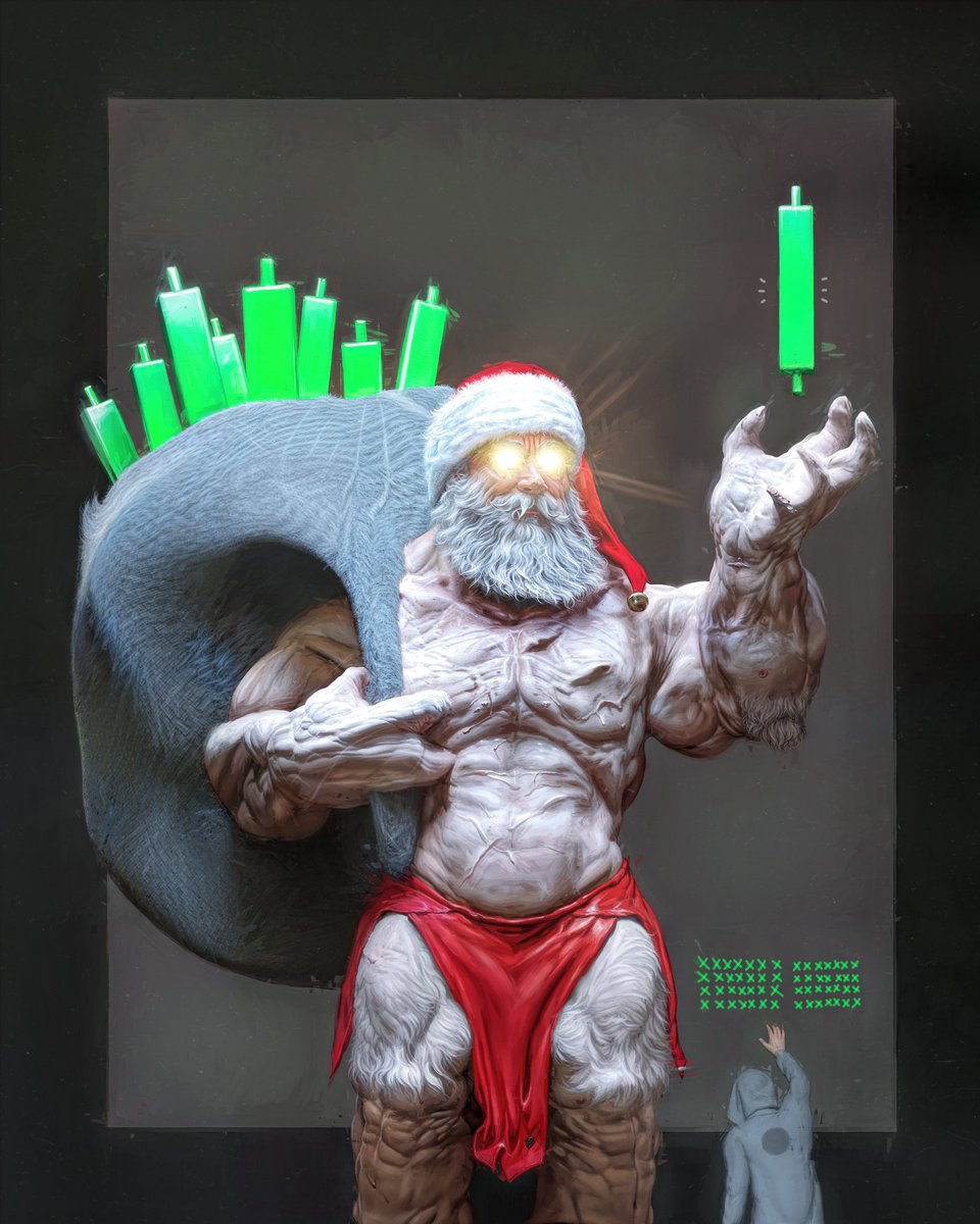 beeple's tweet photo. santa in beastmode handing out green bars to those who believe 🙏 https://t.co/N8y2SwqLw6
