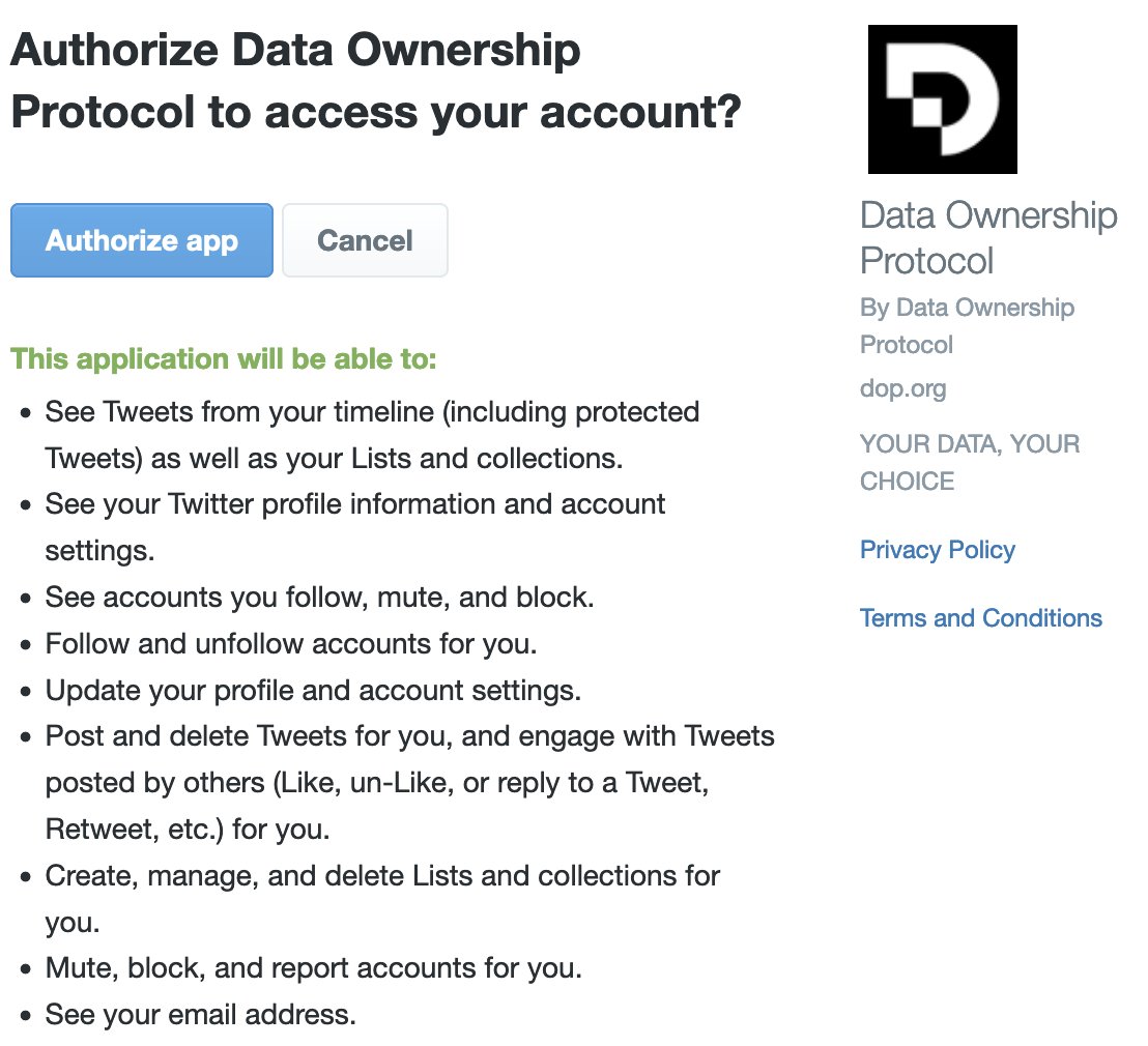 DOP Protocol; really confused.. Your whole ethos seems to center around privacy. And yet you require the most ridiculous Twitter permissions I've ever seen. Please make it make sense <a href="/dop_org/">Data Ownership Protocol</a>