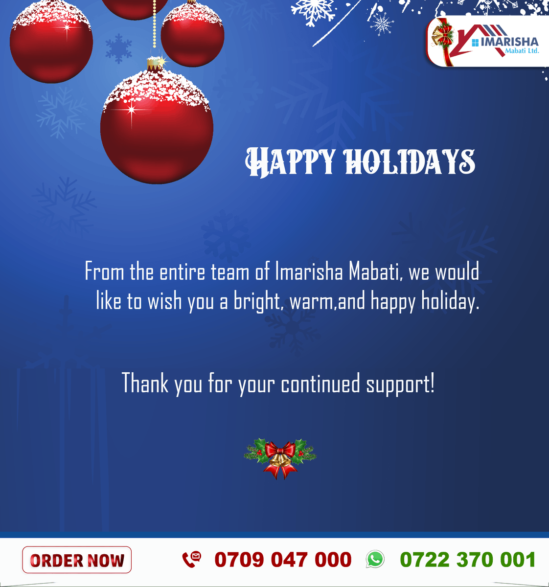 𝐇𝐚𝐩𝐩𝐲 𝐇𝐨𝐥𝐢𝐝𝐚𝐲𝐬!

We wish you a fantastic holiday season filled with peace, love, and happiness.

#Christmas  #holidays